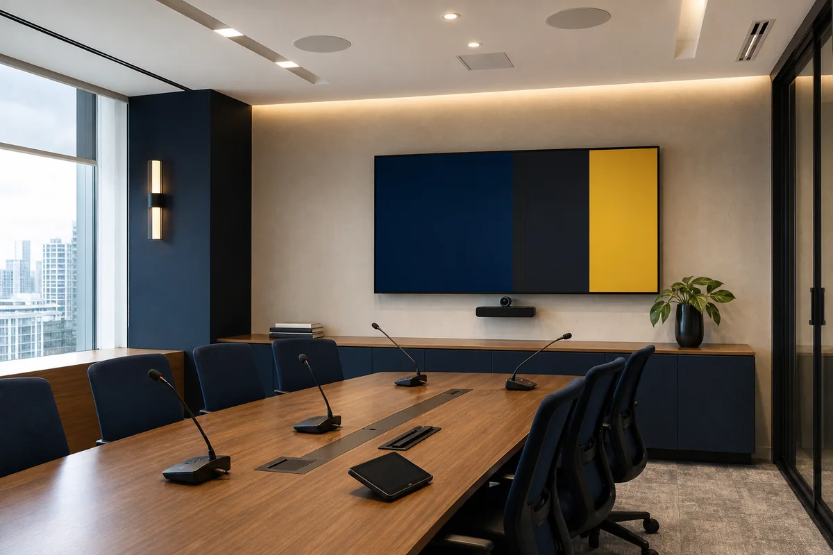 Sala corporativa equipada para videoconferência e sonorização