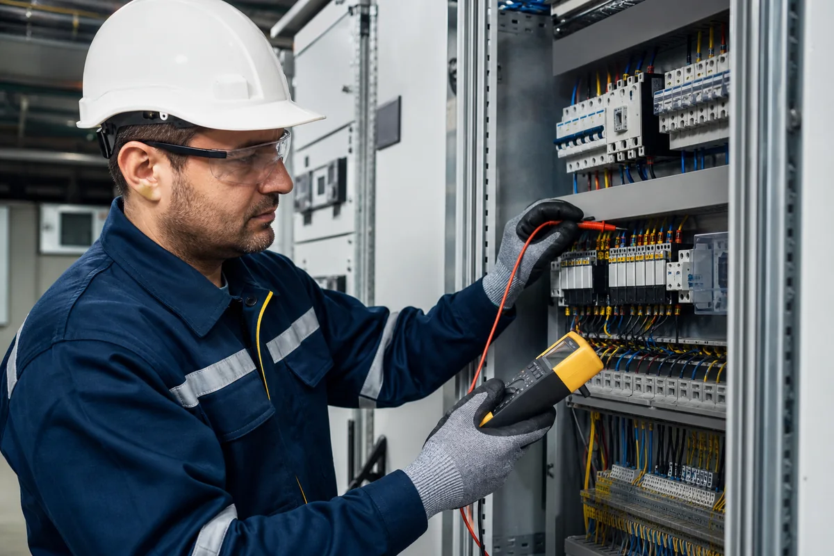 Eletricista inspecionando painel elétrico comercial