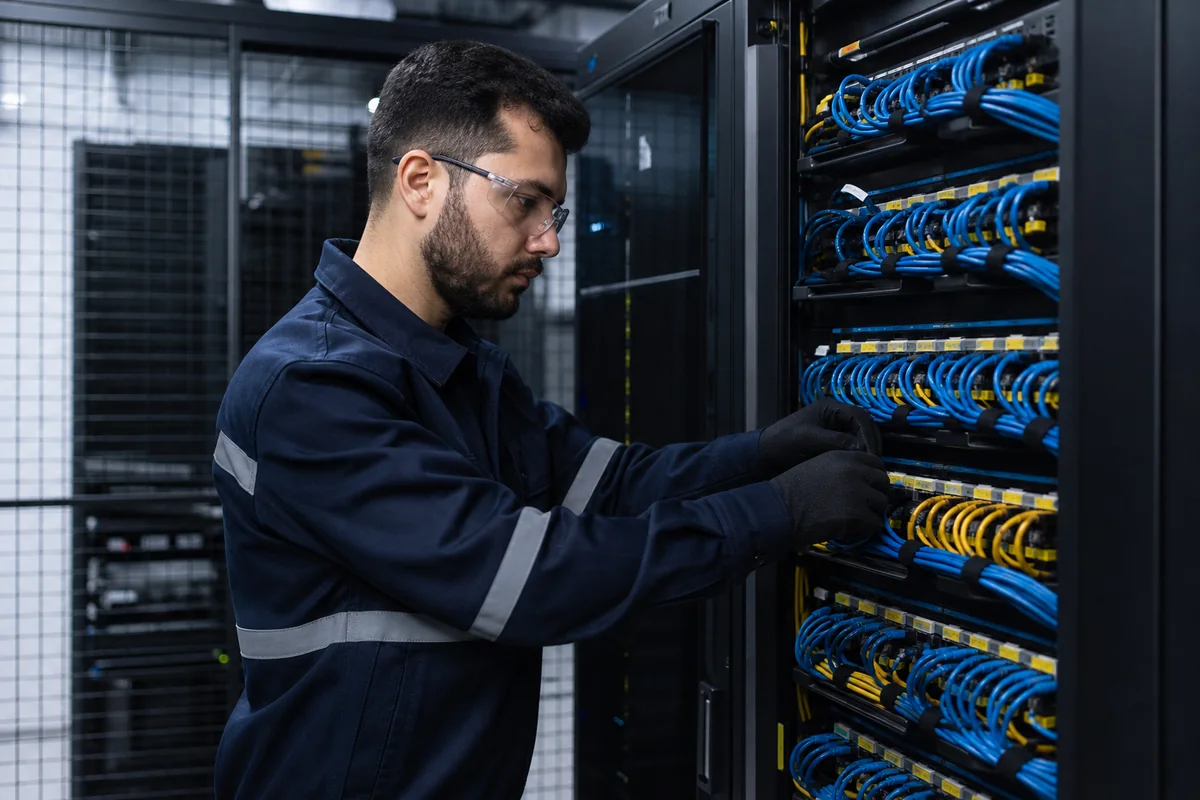 Técnico organizando cabeamento estruturado em rack corporativo