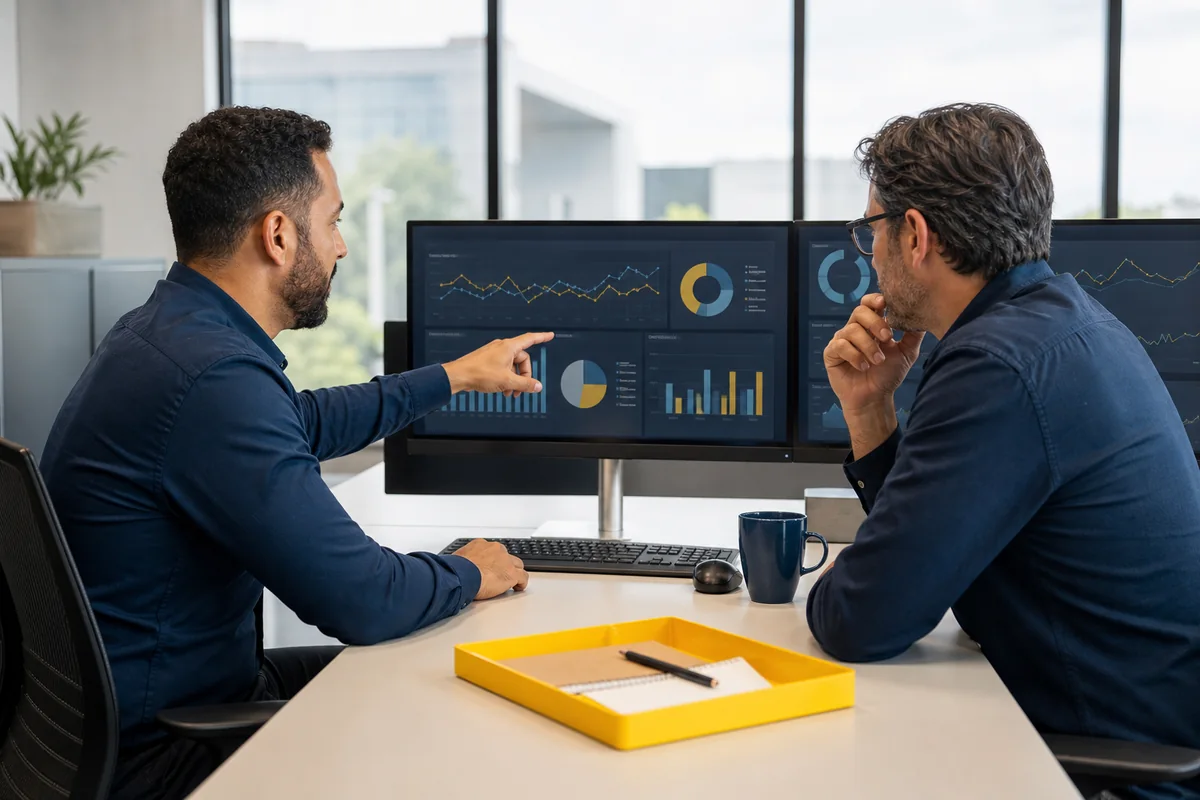 Consultor de TI analisando indicadores com cliente